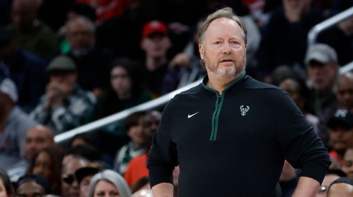 Bucks head coach Mike Budenholzer looks on from the bench against the Wizards.